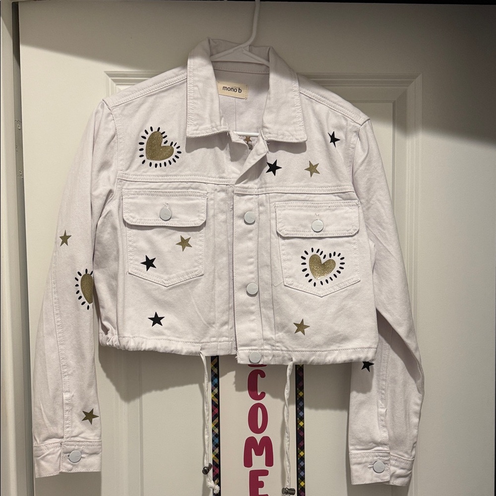 Mono B White Jean Jacket with Star and Heart Accents